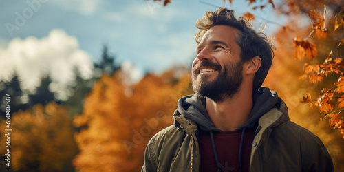 Young Man with short hair and beard walking in the forrest in golden autumn © Karat