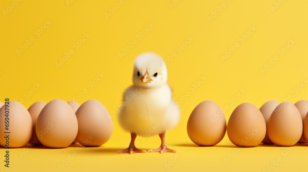 Small Chicken with Eggs on Yellow Background Small Chicken with Eggs on Yellow Background