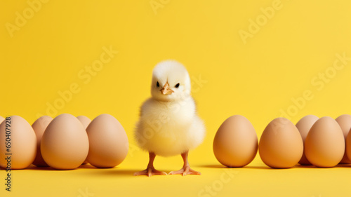 Small Chicken with Eggs on Yellow Background