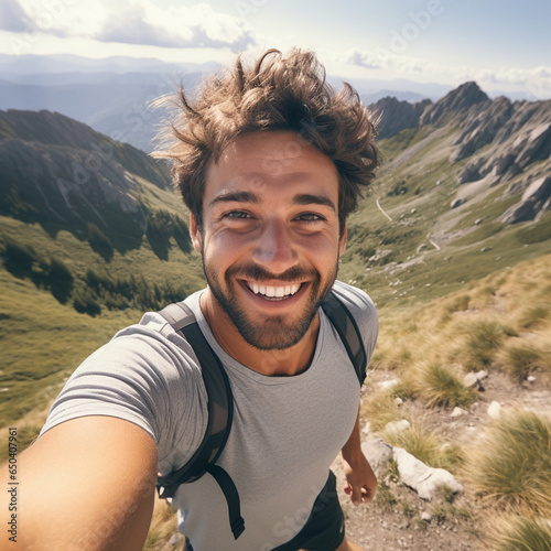 Male gap year traveller taking a selfie on some mountaintops