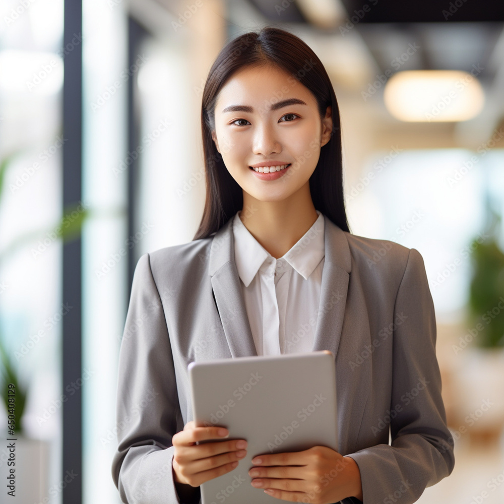 oriental businesswoman holding a tablet and standing in a light and airy office space oriental businesswoman holding a tablet and standing in a light and airy office space