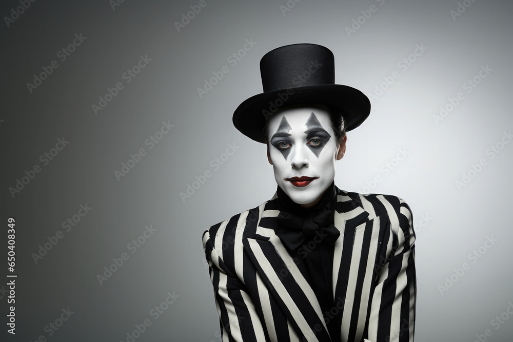 portrait of a black and white mime with hat and make-up