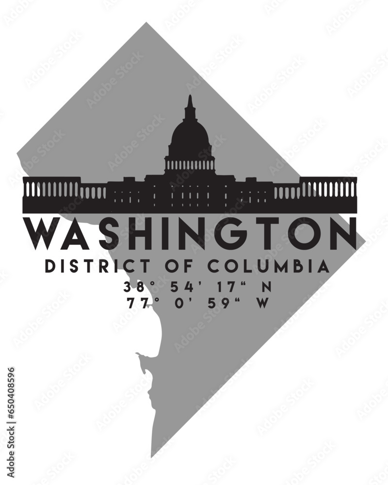 Vector illustration of the Washington city skyline silhouette on the map with coordinates