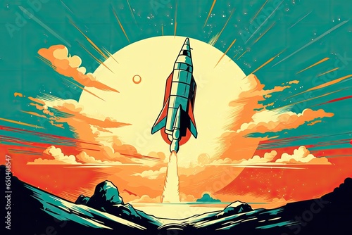 Rakieta startująca w kosmos na pomarańczowo niebieskim tle w stylu ilustracji. 