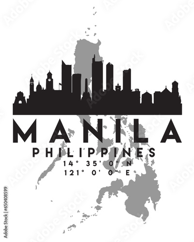 Vector illustration of the Manila city skyline silhouette on the map with the coordinates