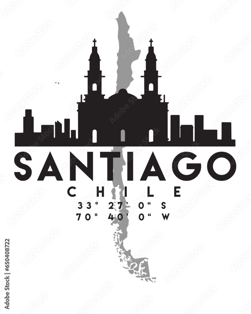 Vector illustration of the Santiago city skyline silhouette on the map with the coordinates