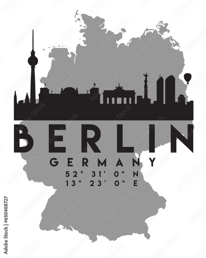 Vector illustration of the Berlin city skyline silhouette on the map with the coordinates