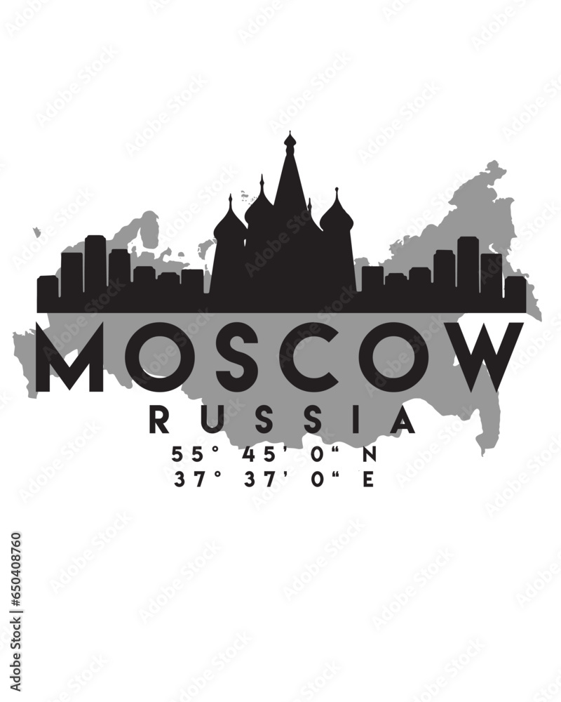 Vector illustration of the Moscow city skyline silhouette on a map with the coordinates