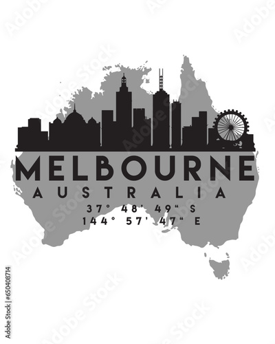 Vector illustration of the Melbourne city skyline silhouette on the map with the coordinates