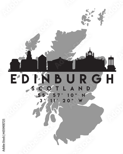 Vector illustration of the Edinburgh city skyline silhouette on the map with the coordinates