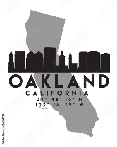 Vector illustration of the Oakland skyline silhouette on a map with the coordinates