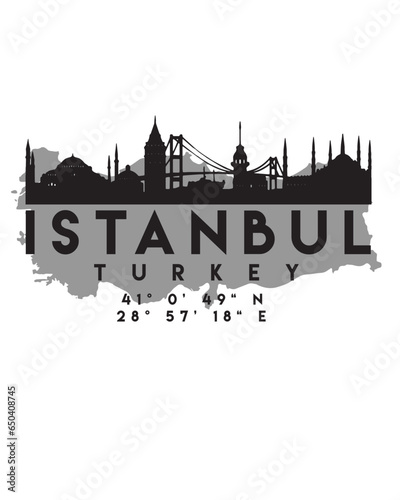 Vector illustration of the Istanbul city skyline silhouette on the map with the coordinates