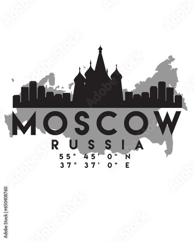 Vector illustration of the Moscow city skyline silhouette on a map with the coordinates