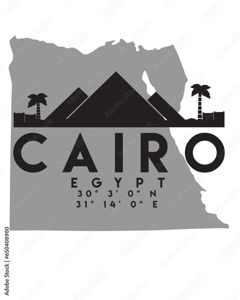 Vector illustration of the Cairo city skyline silhouette on a map with the coordinates