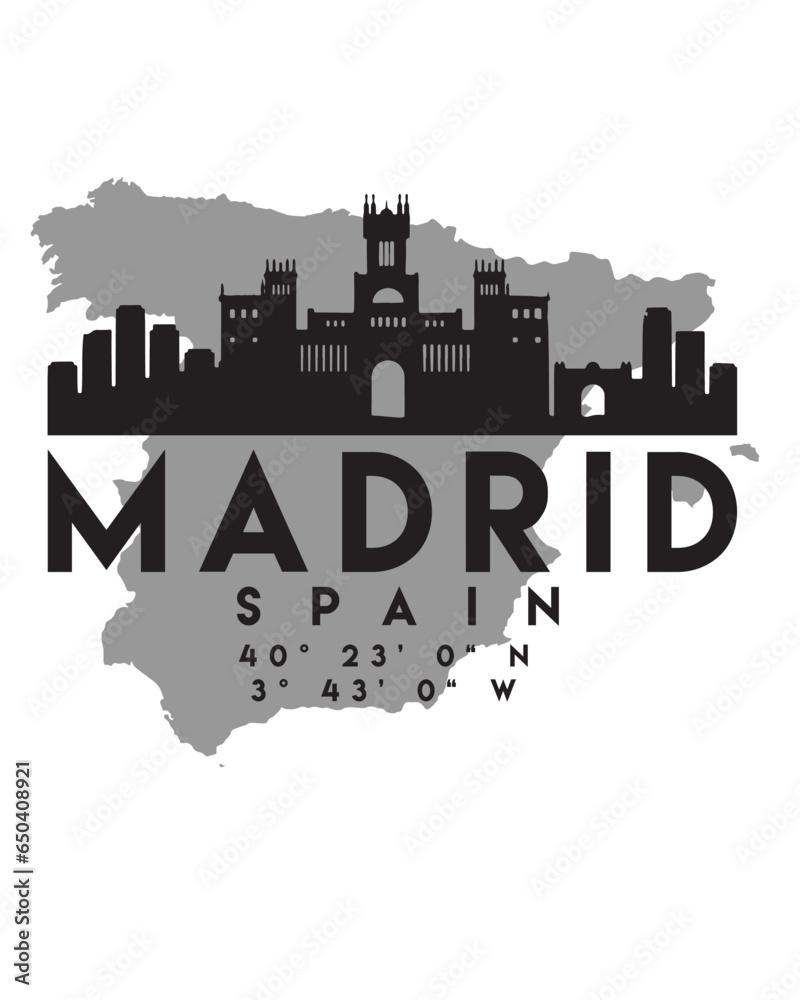 Vector illustration of the Madrid city skyline silhouette on a map with the coordinates