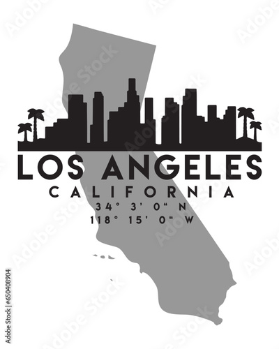 Vector illustration of the Los Angeles city skyline silhouette on a map with the coordinates photo