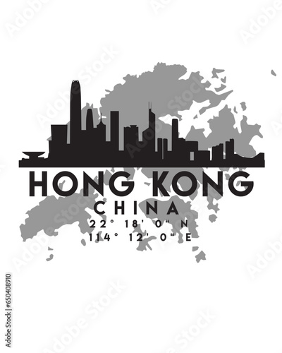 Vector illustration of the Hong kong city skyline silhouette on a map with the coordinates