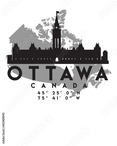 Vector illustration of the Ottawa city skyline silhouette on a map with the coordinates