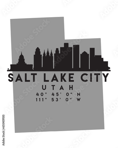 Vector illustration of the Salt lake city skyline silhouette on a map with the coordinates