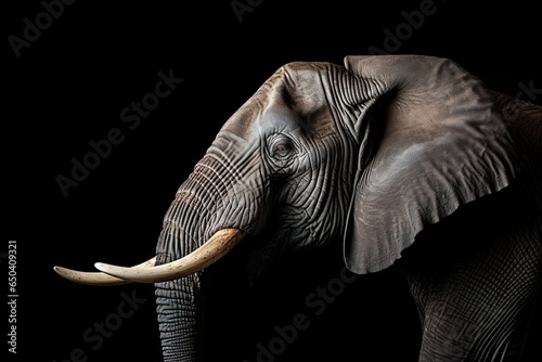 head profile closeup of gray big elephant isolated on black background with copy space area | Generative AI