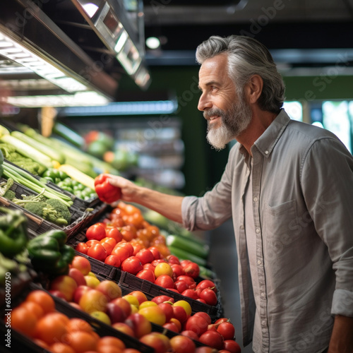 Mature man shopping for fresh produce in the vegetable market section of a supermarket