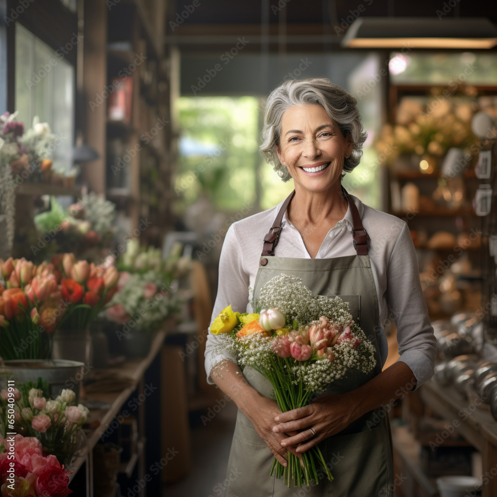 Mature smiling florist shop owner surrounded by flowers. Beautiful mature female , smiling works at flower shop. Portrait of mature female florist with grey apron
