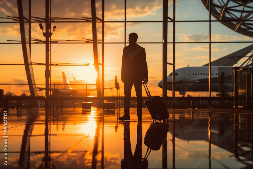 Waiting at the airport, a businessman's silhouette with a suitcase, travel for business