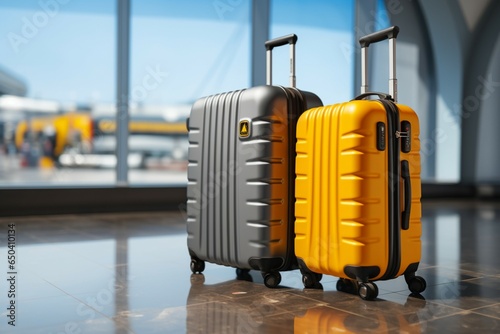 Yellow accents adorn a stylish gray suitcase in the busy airport