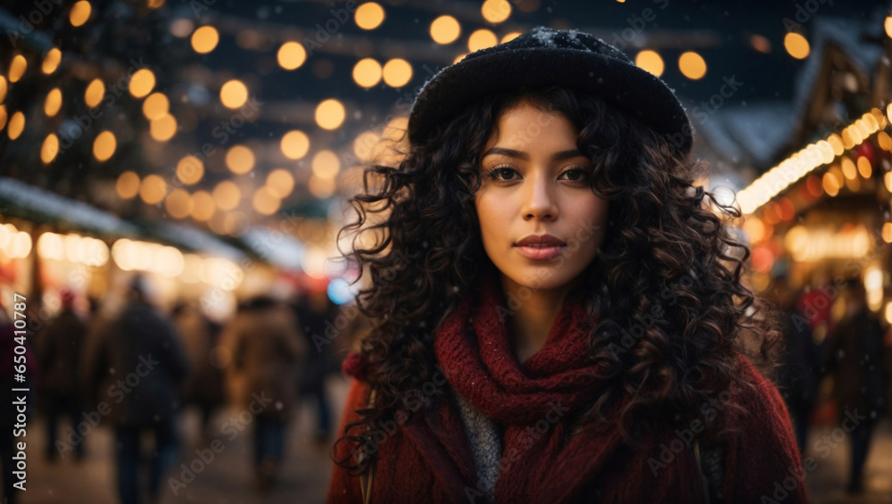 Bellissima ragazza con capelli ricci e neri con vestiti invernali e un berretto durante la visita ad un mercatino di Natale mentre nevica Bellissima ragazza con capelli ricci e neri con vestiti invernali e un berretto durante la visita ad un mercatino di Natale mentre nevica