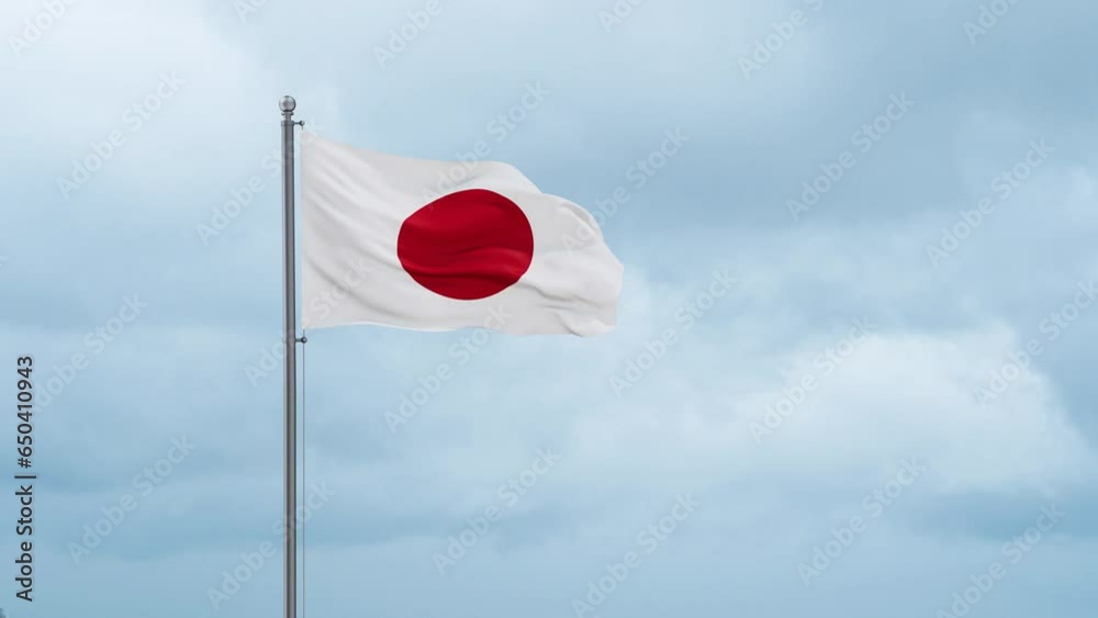 Japan flag waving in the wind, cloudy blue sky with running clouds, endless seamless loop