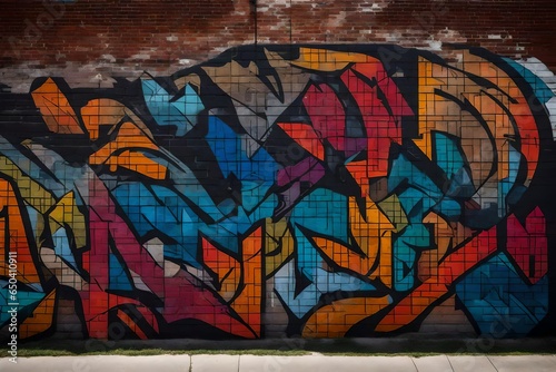 graffiti on the wall, Amidst a bustling cityscape, Beautiful cubism graffiti adorns a weathered brick wall.