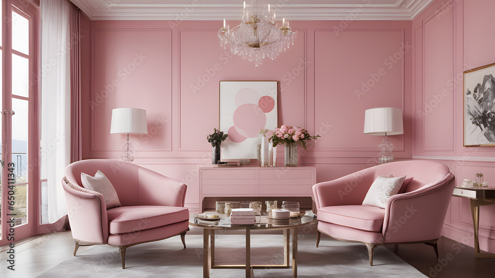 Cozy Pink Corner: Two Inviting Armchairs and a Central Tea Table in a Pink-Tinged Setting Cozy Pink Corner: Two Inviting Armchairs and a Central Tea Table in a Pink-Tinged Setting