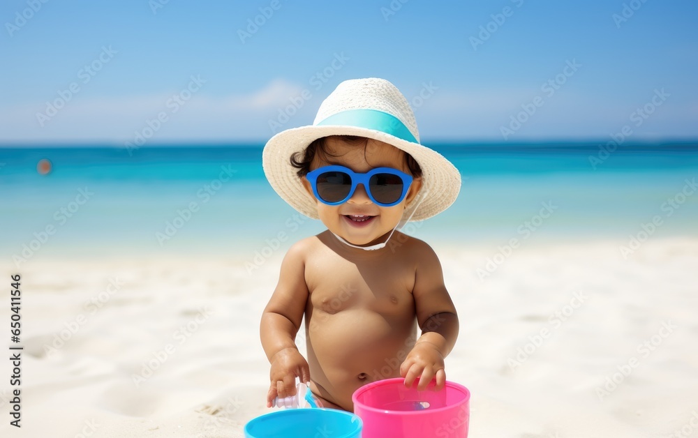 Funny cute toddler with sunglasses playing with toys on white sand beach. Generative AI Funny cute toddler with sunglasses playing with toys on white sand beach. Generative AI
