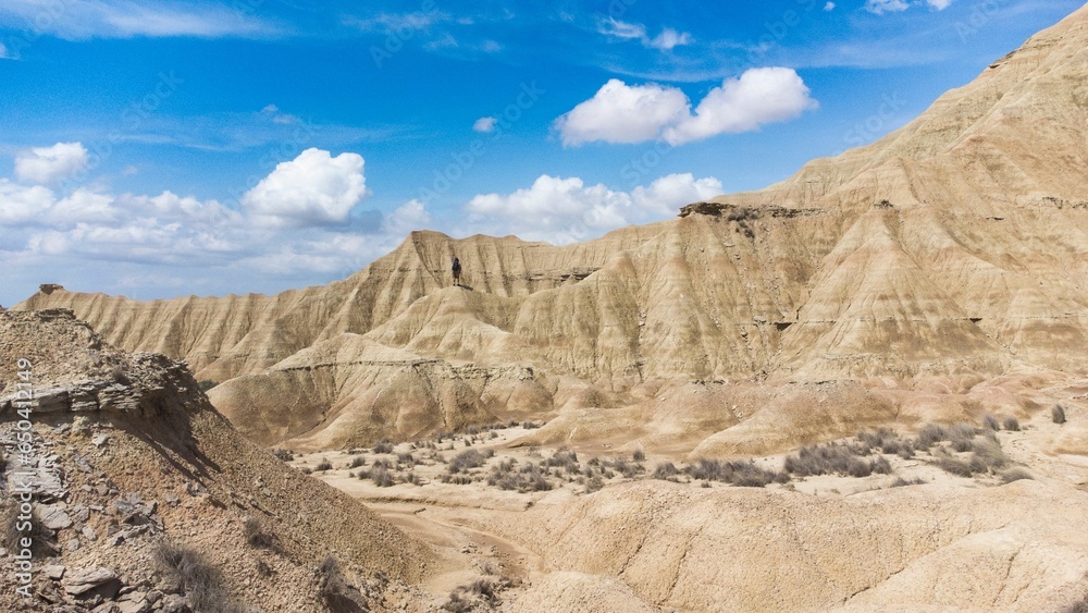 Panoramic desert view of stone and sand dunes.