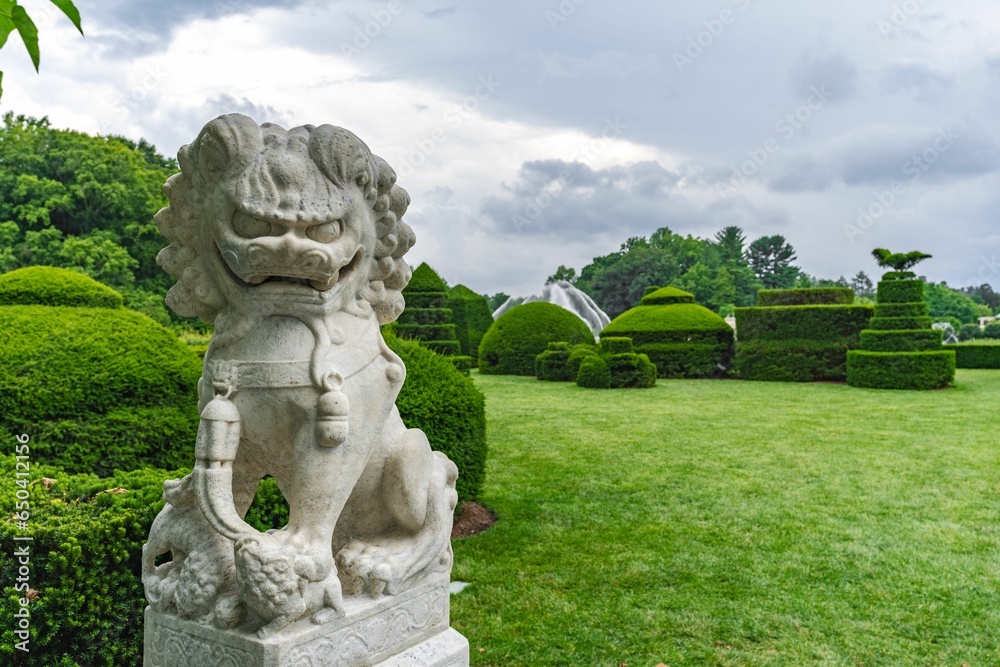 Obraz premium Chinese guardian lion statue in a lush garden, surrounded by vibrant green foliage
