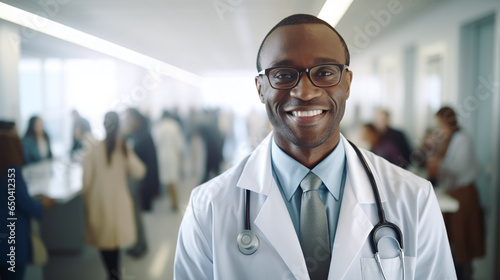 afro american male doctor in confident with stethoskope stands in the corridor of a hospital photo