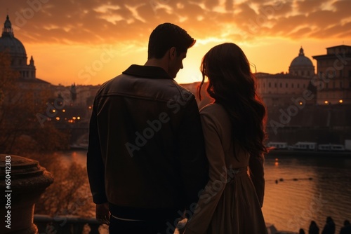 Picturesque Couple rome sunset. Love rome couple. Generate Ai