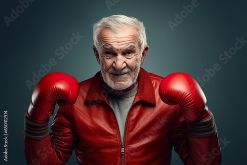Elderly senior men wearing red boxing gloves, confident smiling expression ready for fight. Wide banner copy space on side   Generative AI © Kay
