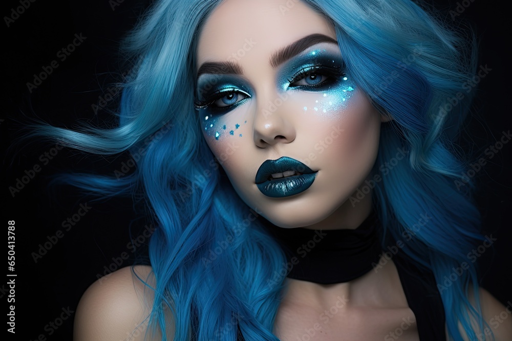 Blue-Haired Beauty With Glitter Makeup