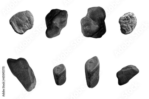 Group Set Black Stones isolated on white background / Top View 3D stone isolated on PNGs transparent background / Use for visualization in architectural design or garden decorate