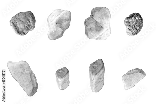 Group Set white Stones isolated on white background / Top View 3D stone isolated on PNGs transparent background / Use for visualization in architectural design or garden decorate