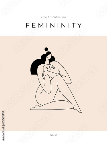 Modern minimalist poster. Nude woman silhouette, abstract pose, female body, feminine figure graphic. Contemporary beauty, Femininity aesthetic concept for wall art decor, print. Vector illustration