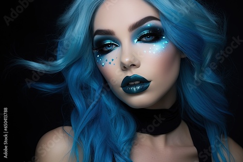 Blue-Haired Beauty With Glitter Makeup