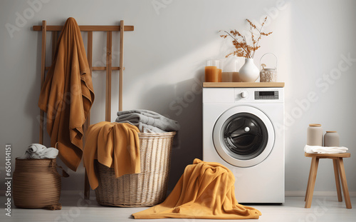 laundry basket with laundry and towels in front of the washing machine, in the style of warm tones, rounded, ink-washed, light amber and gray, wood © Milito