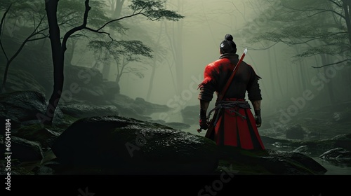 Lone Samurai Warrior Standing in Misty Forest