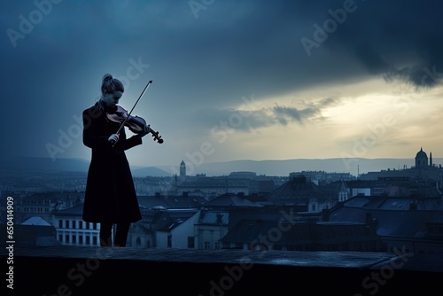 Melancholic Serenade: Woman Playing the Violin in the Night