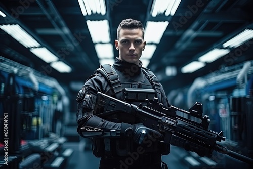 Futuristic Soldier Wielding a Rifle and Armor