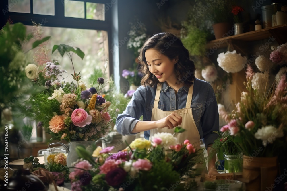 Creative Female Florist Arranging Beautiful Bouquets in Shop