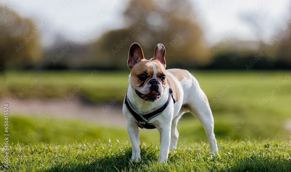Adorable French Bulldog in a grassy green meadow
