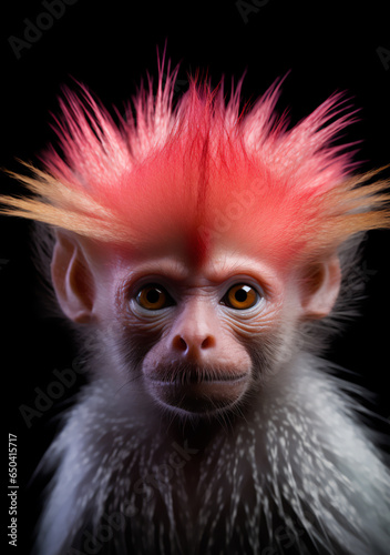 Up-close with a Monkey Sporting a Wacky and Unusual Vibrant Red Orange Hairdo - The Animal Kingdom's Funny Side. Generative AI. © Modern Artizen